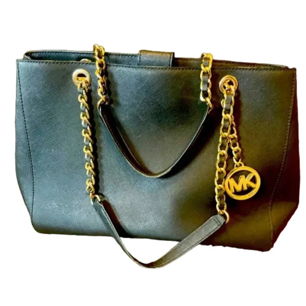 Michael Kors Susannah Black Saffiano Leather Structured Satchel Tote Gold Chain